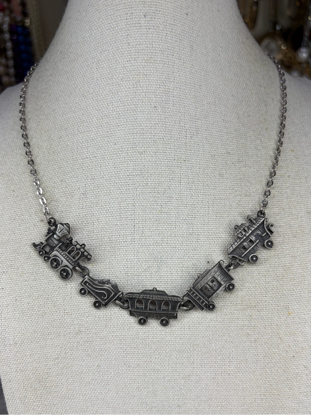 Vintage Pewter JJ Necklace Train Dainty Chain Locomotive Jewelry Vehicle Trains